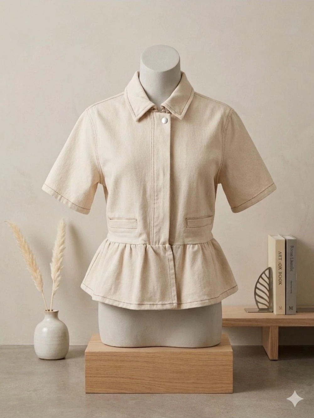 NWT Steve Madden Cream
Short Sleeve Boxy Peplum Denim Jacket Size
M